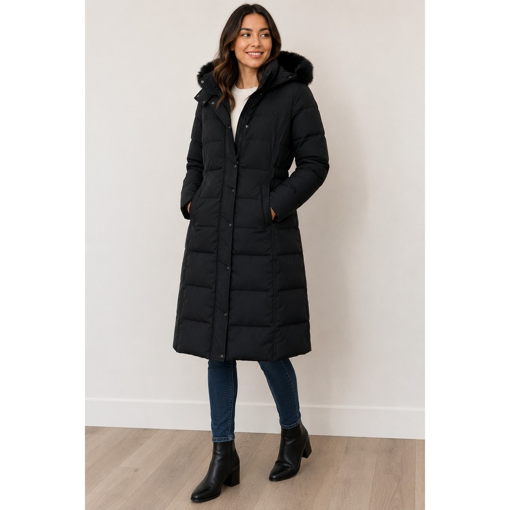Uniqlo Womens Long Down Coat Black Hooded Puffer Parka Small 212-146388